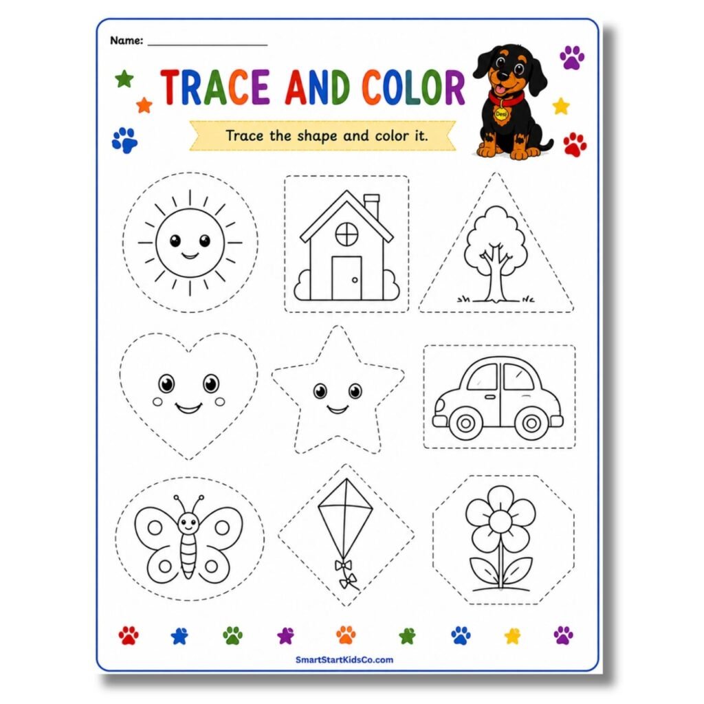 Free trace and color shapes worksheet for preschool featuring a sun, house, tree, heart, star, car, butterfly, kite, and flower.
