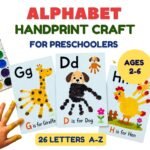 Alphabet Handprint Animals printable set with 26 letter crafts for preschool and kindergarten children.