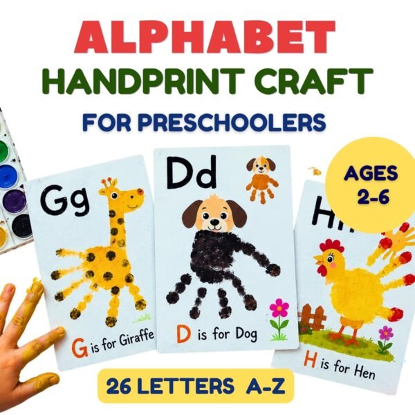 Alphabet Handprint Animals printable set with 26 letter crafts for preschool and kindergarten children.