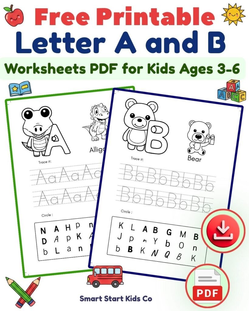 Free printable Letter A and Letter B alphabet worksheets PDF for kids ages 3-6 by Smart Start Kids Co. The preview shows an alligator for letter A and a bear for letter B with tracing lines and letter recognition games.