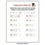Subtraction Within 20 printable math worksheet for kids ages 5–6 with missing number subtraction activity