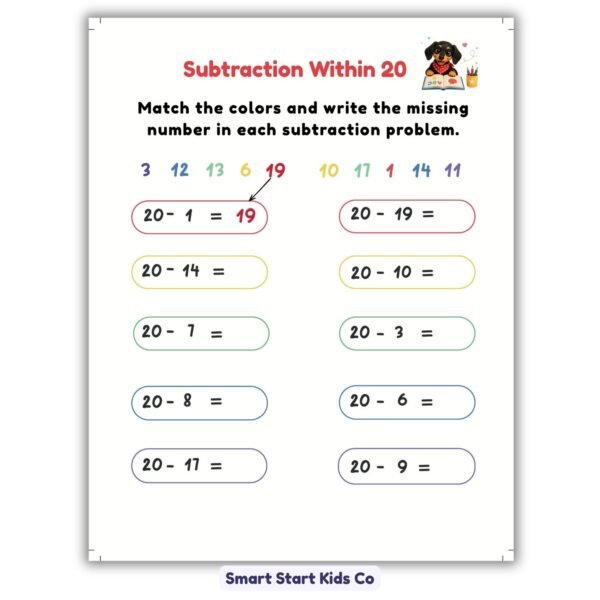 Subtraction Within 20 printable math worksheet for kids ages 5–6 with missing number subtraction activity