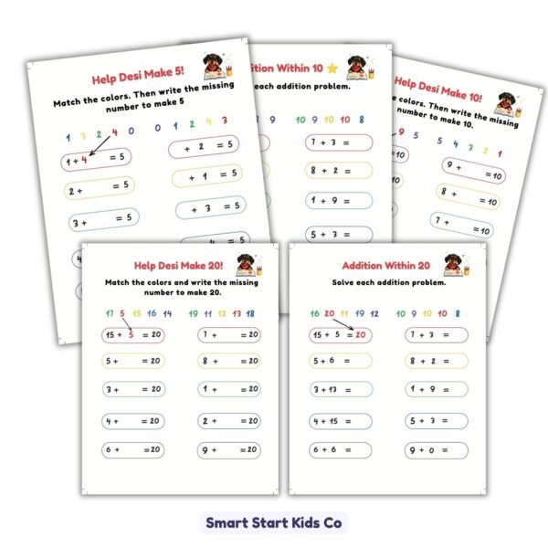 Printable addition and subtraction worksheets for children ages 5–6. Includes missing number, addition, and subtraction activities.