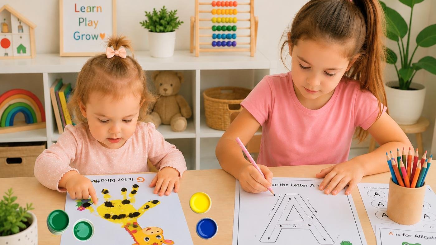 Preschool children using printable alphabet worksheets, letter tracing pages and handprint alphabet activities