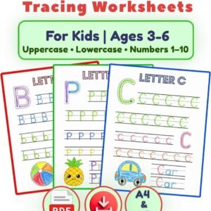 Alphabet and Number Tracing Worksheets for Kids Ages 3-6 with uppercase letters, lowercase letters, and numbers 1-10 printable PDF