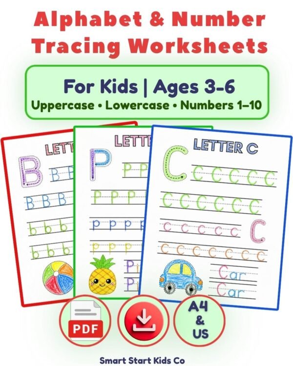 Alphabet and Number Tracing Worksheets for Kids Ages 3-6 with uppercase letters, lowercase letters, and numbers 1-10 printable PDF