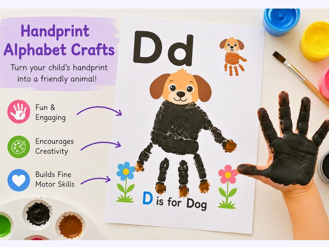 Handprint Alphabet Crafts worksheet featuring the letter D for Dog with a painted handprint animal activity for toddlers and preschoolers.