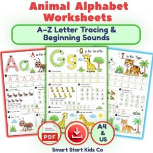 Animal Alphabet Worksheets A–Z Letter Tracing & Beginning Sounds for Preschool and Kindergarten