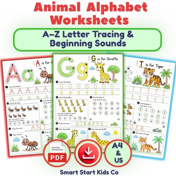 Animal Alphabet Worksheets A–Z Letter Tracing & Beginning Sounds for Preschool and Kindergarten