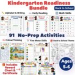 Kindergarten Readiness Bundle for ages 5–6 with 91 printable back to school activities including alphabet, reading, math, fine motor skills, critical thinking, reward chart and certificate.