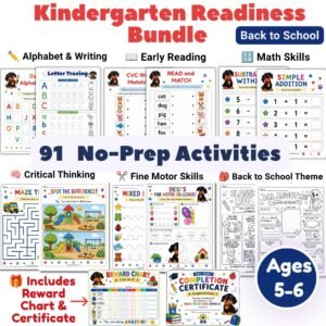 Kindergarten Readiness Bundle for ages 5–6 with 91 printable back to school activities including alphabet, reading, math, fine motor skills, critical thinking, reward chart and certificate.