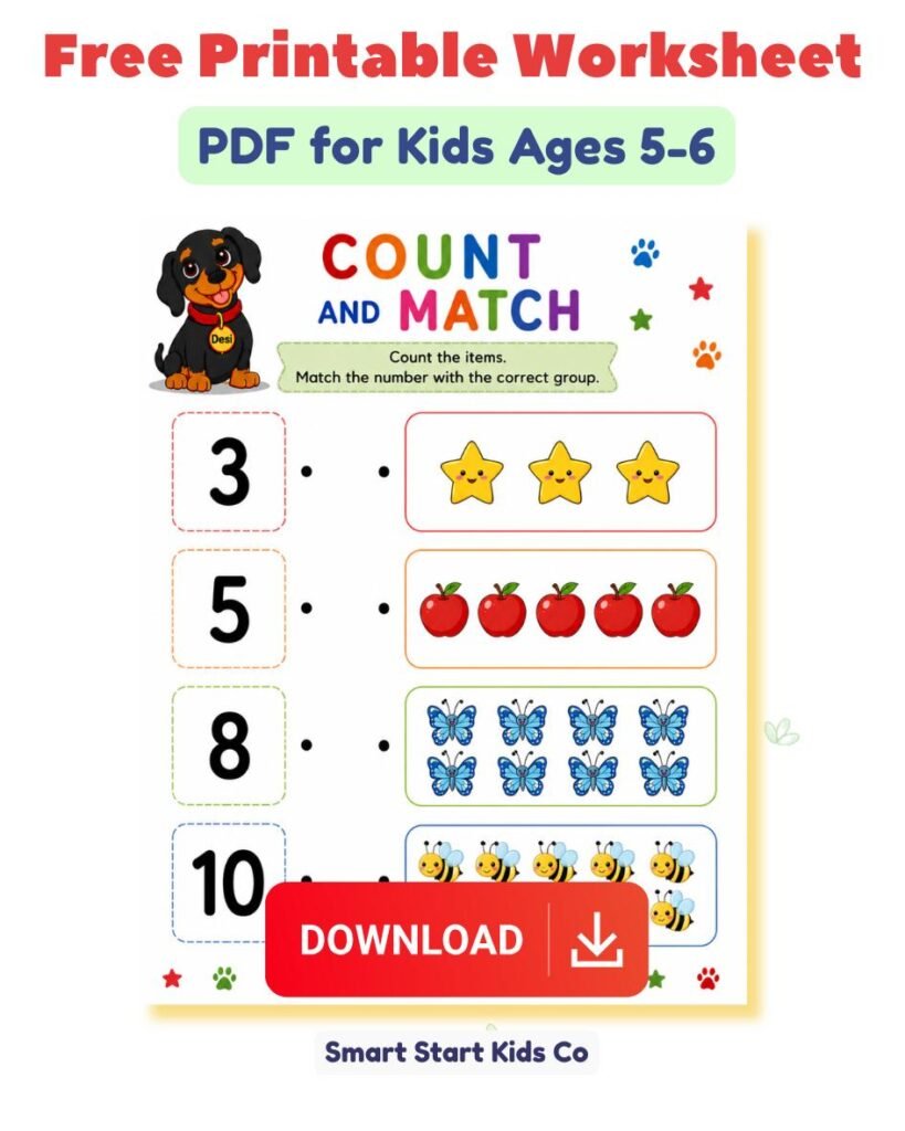 Free printable count and match worksheet PDF for kids ages 5–6. Children count groups of stars, apples, butterflies, and bees, then match each group to the correct number.