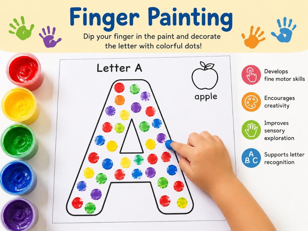 Finger painting alphabet worksheet with letter A for toddlers, colorful dot painting activity for early letter recognition and fine motor skills.