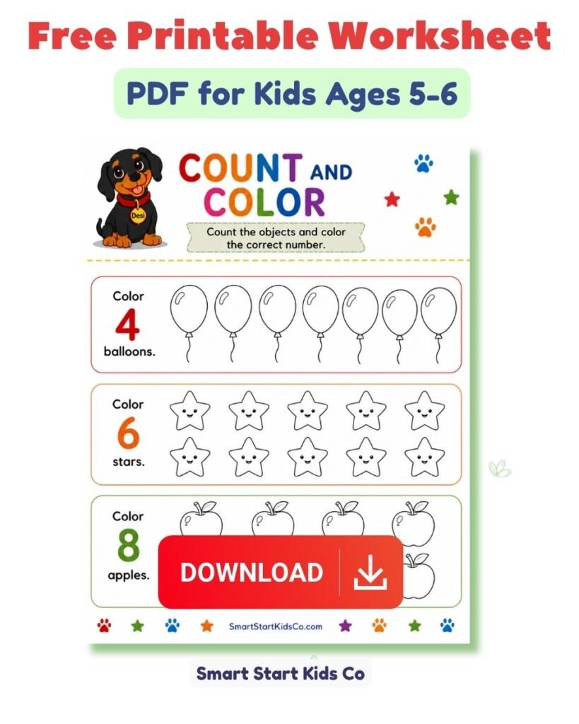 Free printable count and color worksheet PDF for kids ages 5–6. Children count balloons, stars, and apples, then color the matching number to practice counting and number recognition.