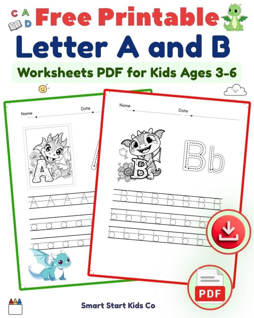 Free printable dragon alphabet worksheets with letters A and B for preschool and kindergarten kids