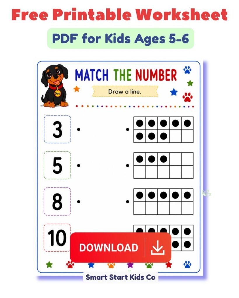 Free printable match the number worksheet PDF for kids ages 5–6. Children match numbers to ten-frame dot patterns to practice counting, number recognition, and early math skills.