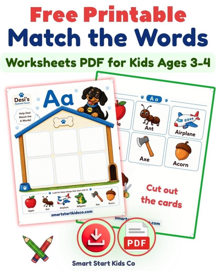 Free printable Letter A matching activity for preschool kids. Includes an Alphabet House worksheet and matching picture cards for letter recognition, beginning sounds, and early literacy practice.