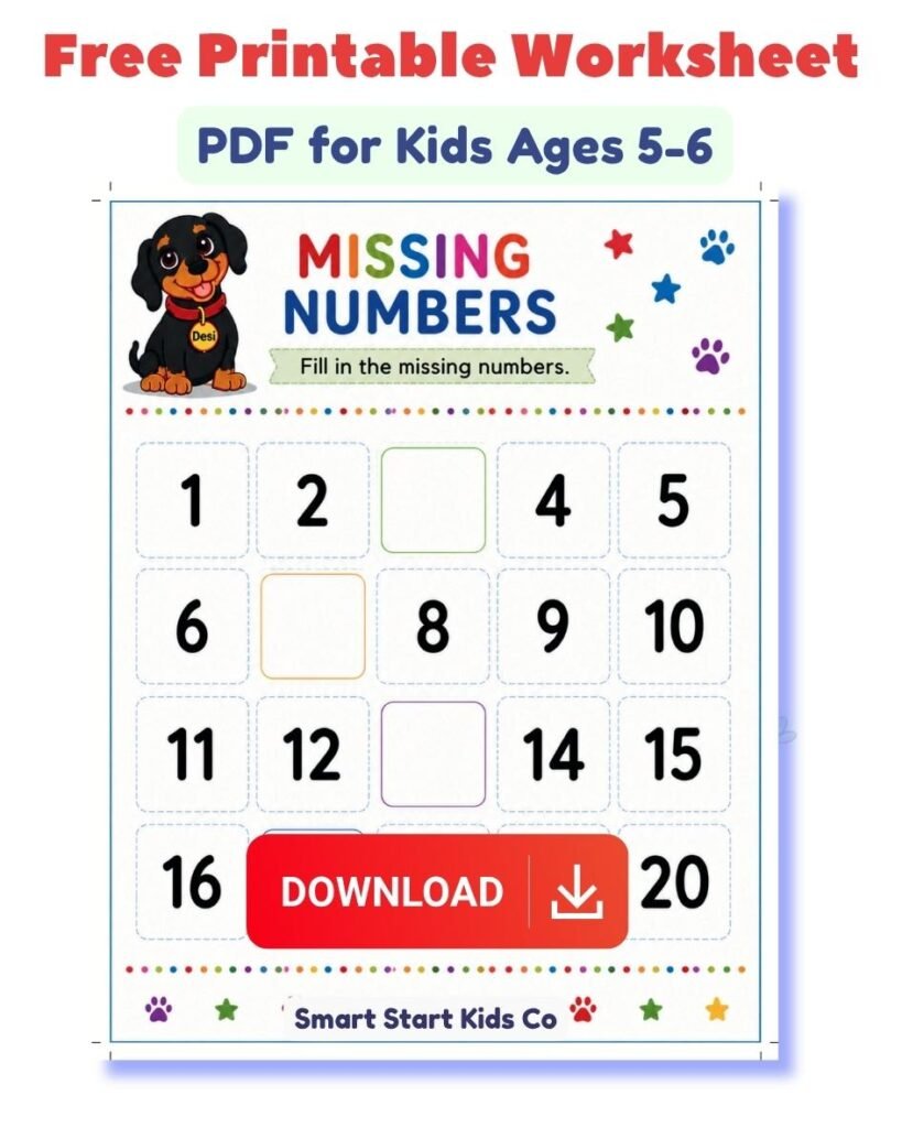 Free printable missing numbers worksheet PDF for kids ages 5–6. Children fill in the missing numbers from 1 to 20 to practice number recognition and counting skills.
