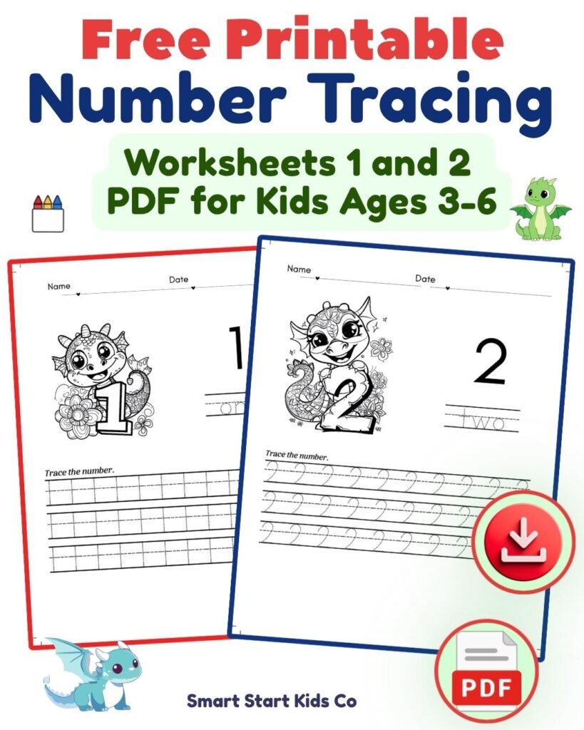 Free printable number tracing worksheets 1 and 2 for preschool and kindergarten kids ages 3-6