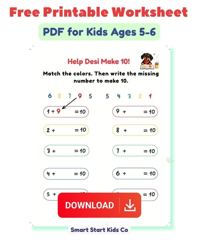 Free printable missing number worksheet to make 10 for kids ages 5–6 | Addition Within 10 PDF