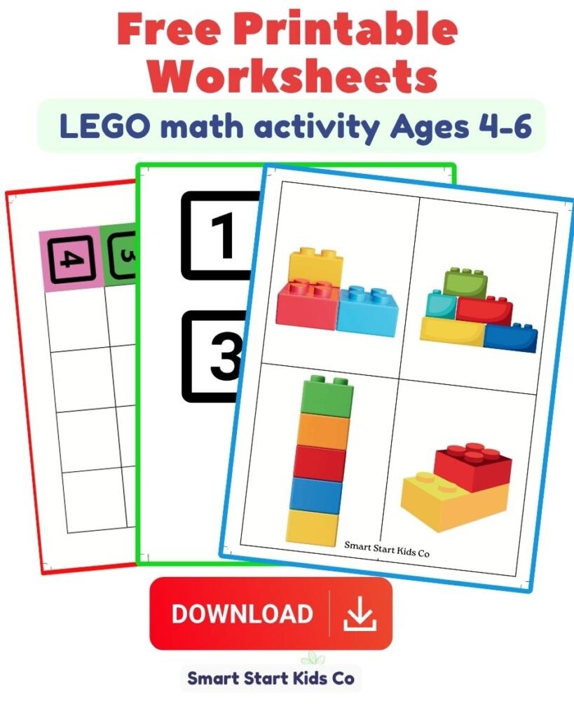 Free printable LEGO math activity worksheets for preschool and kindergarten kids with counting, number recognition, and block-building exercises.