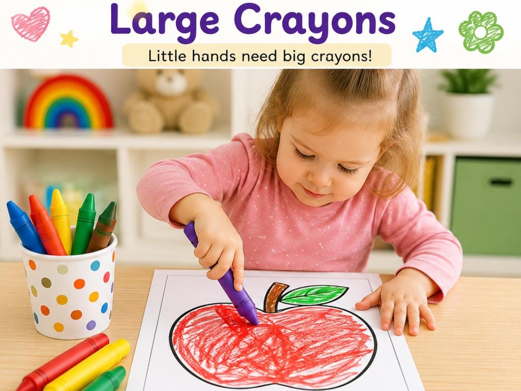 Toddler coloring a simple apple worksheet using large crayons to develop fine motor skills, hand strength, and early creativity.