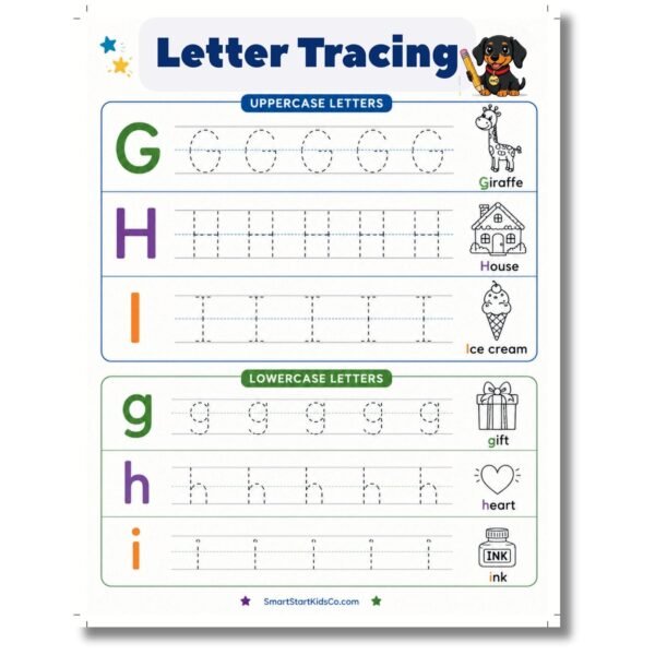 Letter Tracing Worksheets Letters G-H-I with Uppercase and Lowercase Alphabet Practice for Kids Ages 5-6