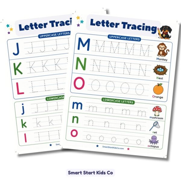 Letter Tracing Worksheets Pages J to O with Uppercase and Lowercase Alphabet Practice for Kids Ages 5-6