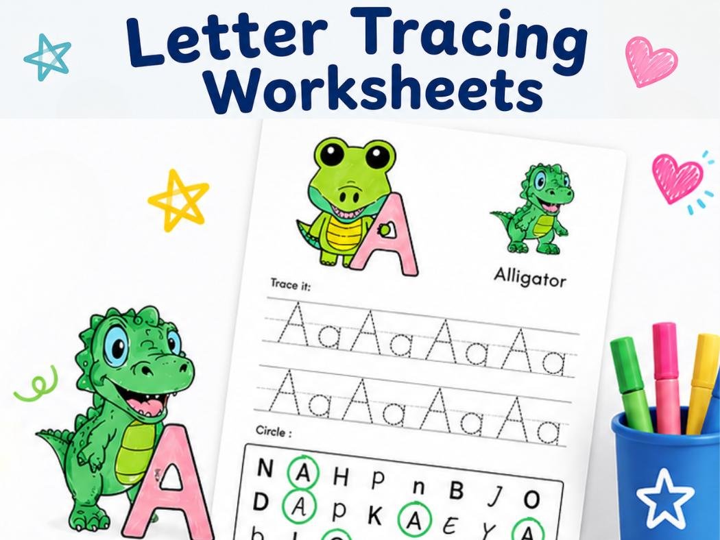 Letter tracing worksheet for preschoolers featuring uppercase and lowercase letter A, alligator illustrations, dashed handwriting practice lines, and letter recognition activity.