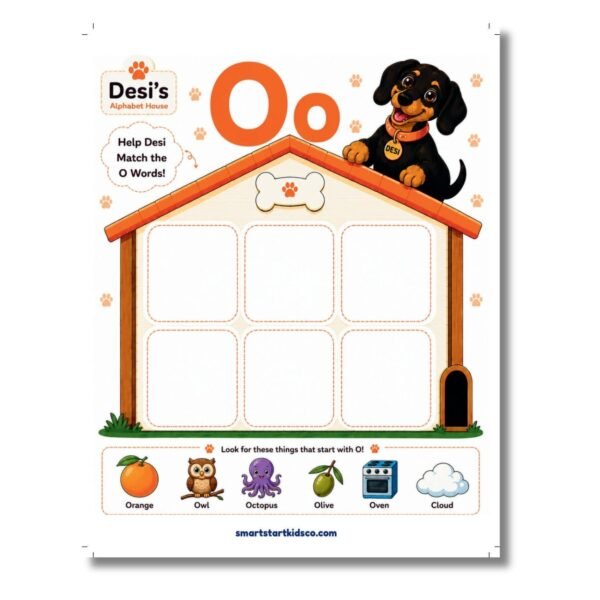 Letter O alphabet matching activity printable with picture cards for preschool and kindergarten kids