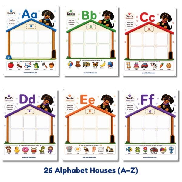 Desi’s Alphabet House printable alphabet matching activity with 26 letter houses A–Z for preschool and kindergarten kids