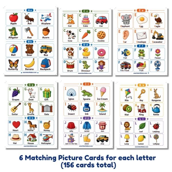 Printable alphabet picture cards A–L for letter recognition, vocabulary building, and alphabet matching activities for preschool and kindergarten
