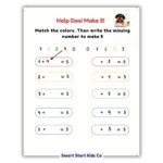 Help Desi Make 5 printable addition worksheet for children ages 5–6 with a missing number activity