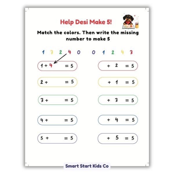 Help Desi Make 5 printable addition worksheet for children ages 5–6 with a missing number activity