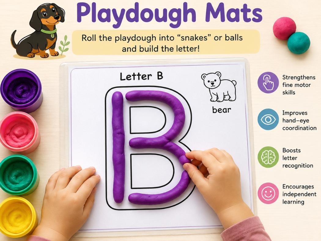Playdough alphabet mat featuring the letter B for Bear, helping toddlers build letters with playdough while developing fine motor skills and letter recognition.