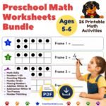 Preschool Math Worksheets Bundle with 26 printable math activities for kids ages 5-6 including counting, number recognition, ten frames, addition, subtraction, and number matching.