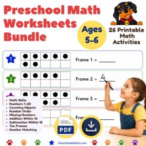 Preschool Math Worksheets Bundle with 26 printable math activities for kids ages 5-6 including counting, number recognition, ten frames, addition, subtraction, and number matching.