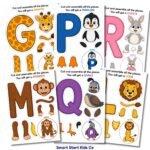 Printable alphabet animal crafts for kids featuring giraffe, penguin, rabbit, monkey, quail, and lion letter crafts