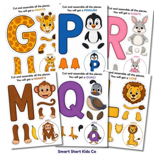 Printable alphabet animal crafts for kids featuring giraffe, penguin, rabbit, monkey, quail, and lion letter crafts