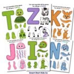Printable alphabet animal crafts for kids featuring turtle, zebra, kangaroo, jellyfish, iguana, and narwhal letter crafts