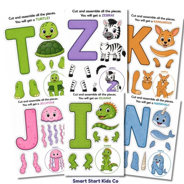 Printable alphabet animal crafts for kids featuring turtle, zebra, kangaroo, jellyfish, iguana, and narwhal letter crafts