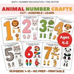 Animal number crafts for kids ages 4–5, numbers 1–10 printable cut and assemble activities with animal characters