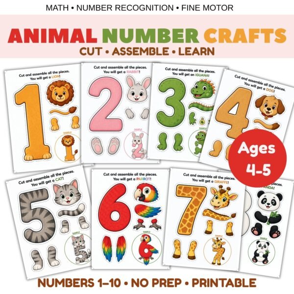 Animal number crafts for kids ages 4–5, numbers 1–10 printable cut and assemble activities with animal characters