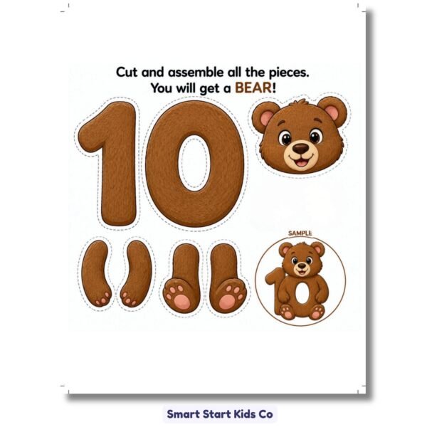 Printable number 10 bear craft activity for kids ages 4-5