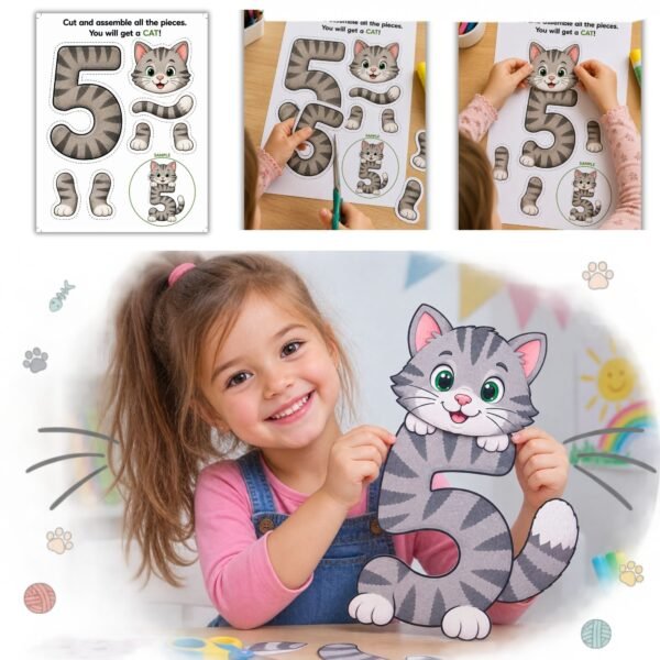 Printable number 5 cat craft activity for kids ages 4-5