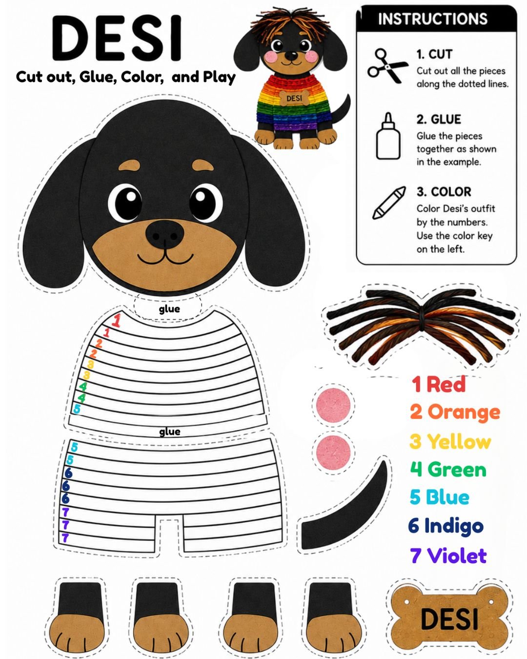 Desi dachshund craft free printable with cut, glue, and color instructions