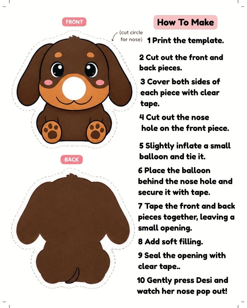 Free Desi paper squishy craft template for kids with pop-up balloon nose