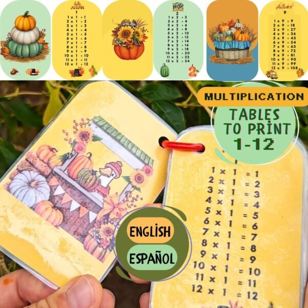 Fall multiplication table keychain 1–12 in English and Spanish