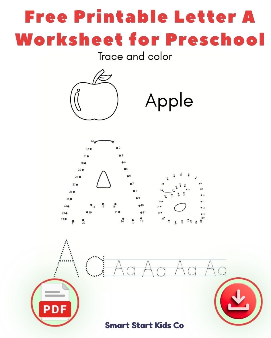 Free printable Letter A worksheet for preschool kids with apple tracing activity