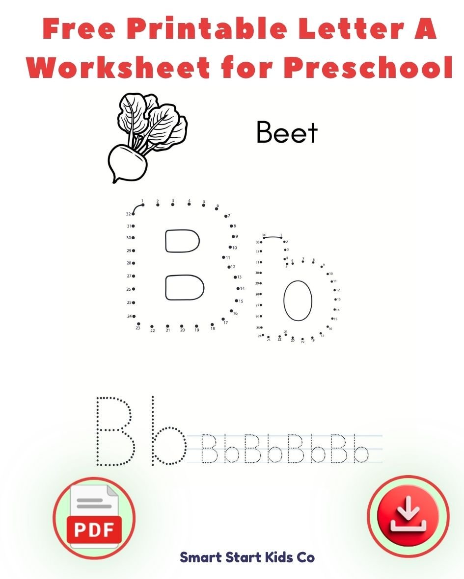 Free printable Letter B worksheet for preschool kids with letter tracing activity